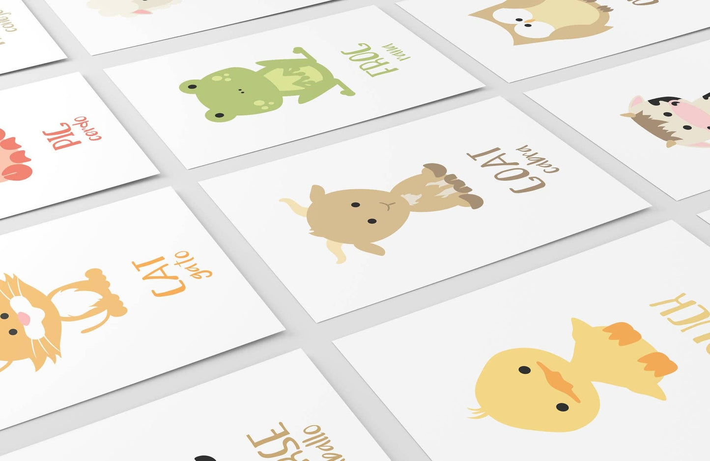 Farm Animal Flashcards, English, Spanish, cute animals, educational, learning