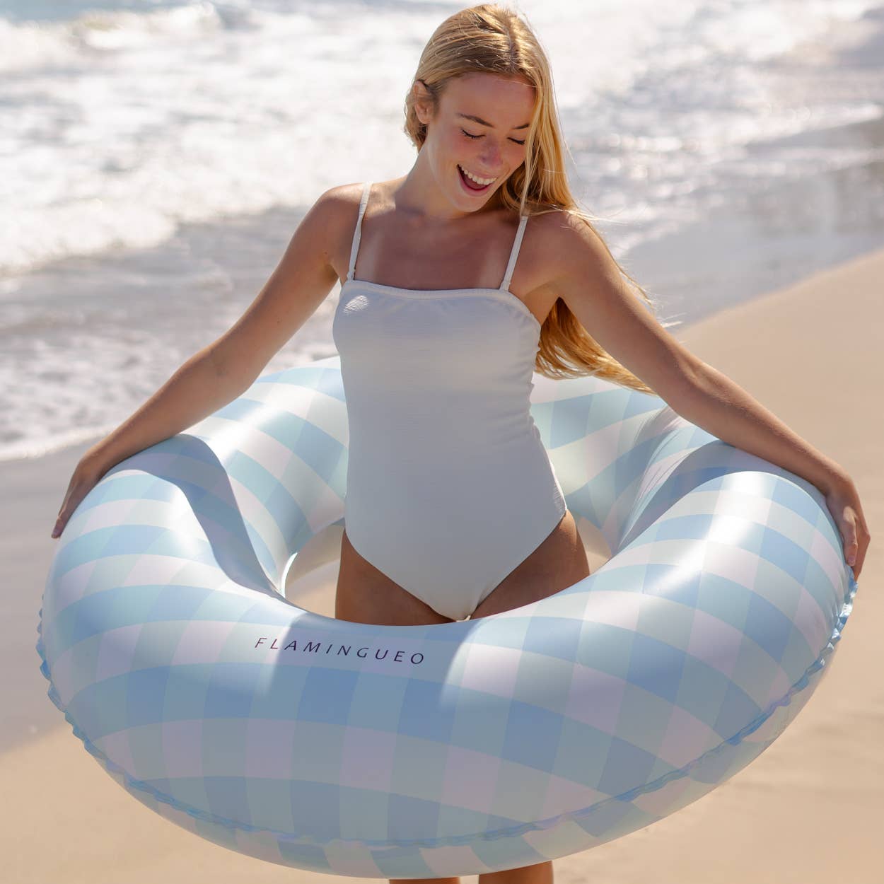 Giant Pool and Beach Float with Vichy Blue Print gingham