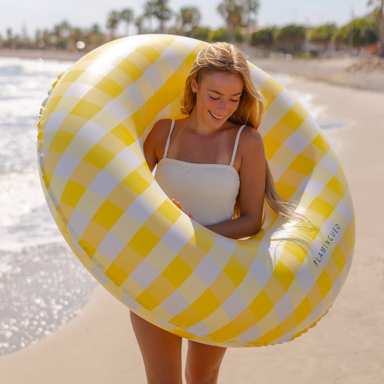 Giant Pool and Beach Float with Vichy yellow Print