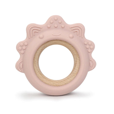 Baby Teething Toys Silicone Teethers with Wooden Ring Baby Teether Sensory Toys (Dinosaur Pink)