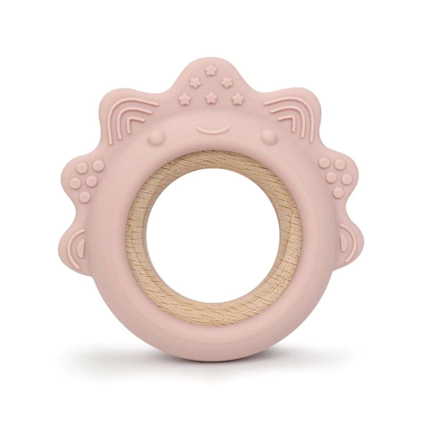 Baby Teething Toys Silicone Teethers with Wooden Ring Baby Teether Sensory Toys (Dinosaur Pink)