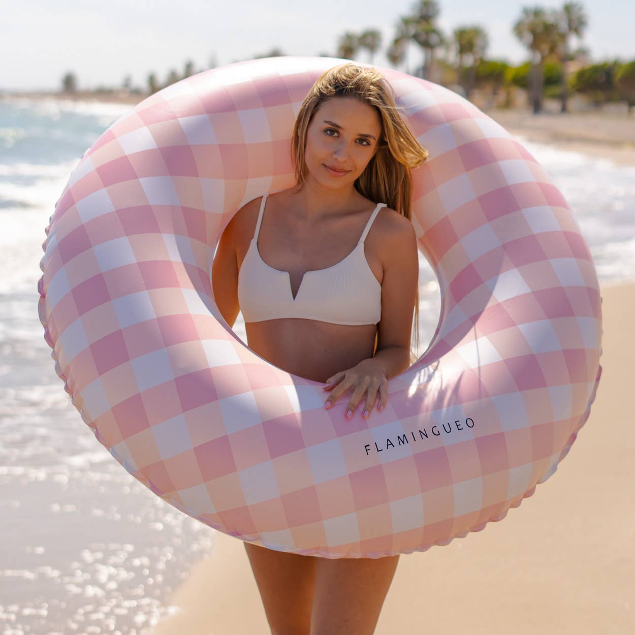 Giant Pool and Beach Float with Vichy Pink Print gingham