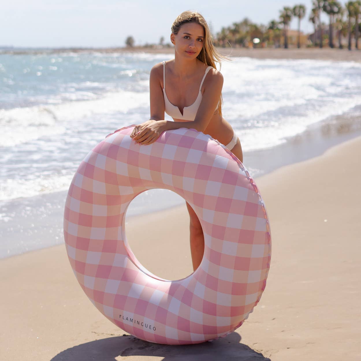 Giant Pool and Beach Float with Vichy Pink Print gingham