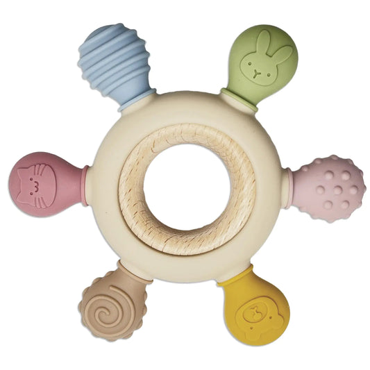 Pepicat Silicone Teething Toys Natural Wooden Ring with Silicone Teething Cover Teething Toys for Babies 0-6 Months BPA Free Infant Toys for Teething Relief Baby Chew Toys Wooden Baby Toy Gifts