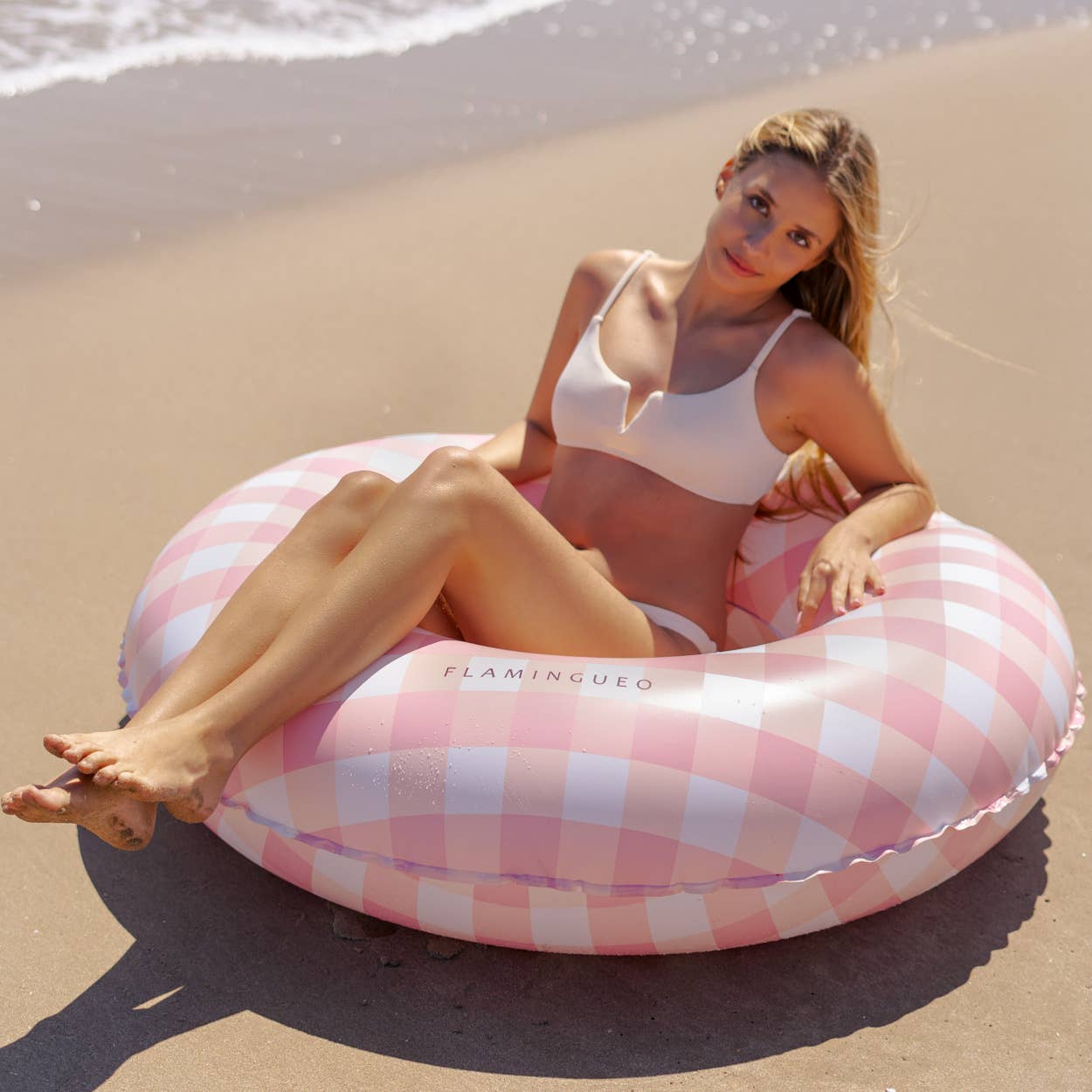 Giant Pool and Beach Float with Vichy Pink Print gingham
