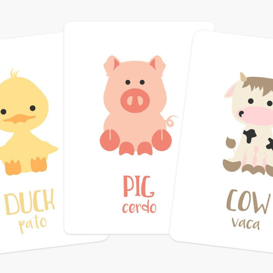 Farm Animal Flashcards, English, Spanish, cute animals, educational, learning