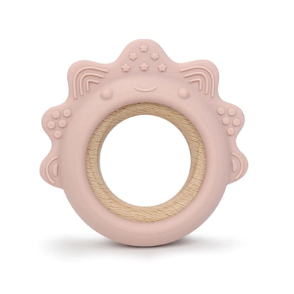 Baby Teething Toys Silicone Teethers with Wooden Ring Baby Teether Sensory Toys (Dinosaur Pink)