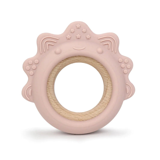 Baby Teething Toys Silicone Teethers with Wooden Ring Baby Teether Sensory Toys (Dinosaur Pink)