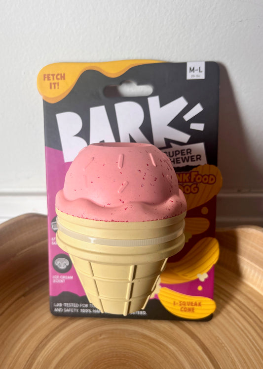 Ice cream- junk food dog Bark super chewer strong jaw squeaker pink