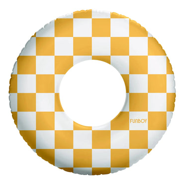 mustard yellow checkered  pool inflatable FUNBOY 30 Tube Donut Style Pool Float - mustard checkers
