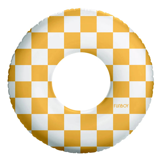 mustard yellow checkered  pool inflatable FUNBOY 30 Tube Donut Style Pool Float - mustard checkers