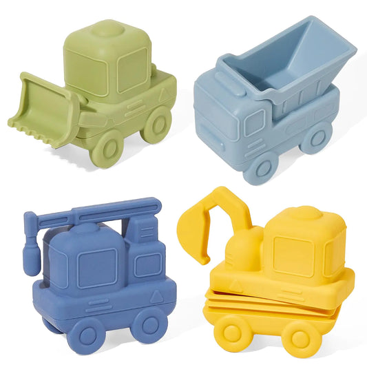 Construction Bath Toys 4 Pack Silicone Cars Bath Toys for Babies 6-12 Months Mold Free Toddler Bath Toys for 2-4 Safe and Non Toxic Baby Bathtub Toy Dishwasher Safe BPA Free
