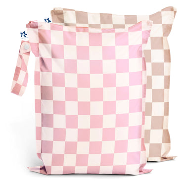 Pink & Brown checked  Wet / Dry Bags 2 Pack Waterproof and Washable Bag for Travel storage Stroller Daycare Baby Diapers Yoga Beach Pool Wet Toddler Swimsuits (Pink Brown Checkers)