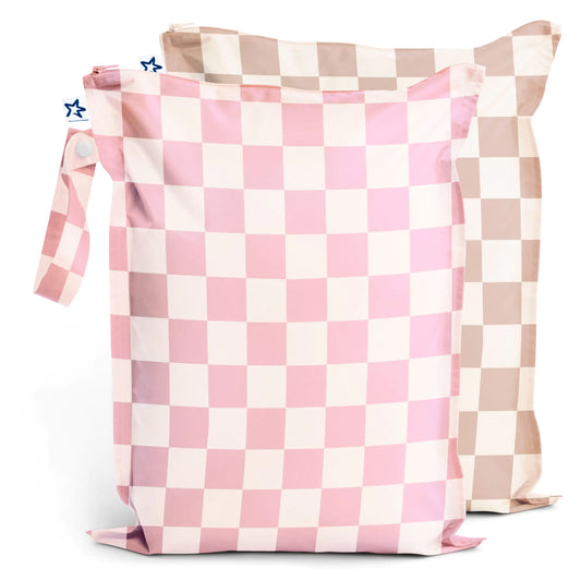 Pink & Brown checked  Wet / Dry Bags 2 Pack Waterproof and Washable Bag for Travel storage Stroller Daycare Baby Diapers Yoga Beach Pool Wet Toddler Swimsuits (Pink Brown Checkers)