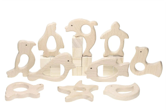 Penta Angel 10Pcs Wood Teething Rings Pain Relief Natural Wood Teething Toys Wooden Teether Animals for Infant Toddler Turtles Swallows Dolphins Starfish Pigeons Birds Woodpeckers Fish Turtle